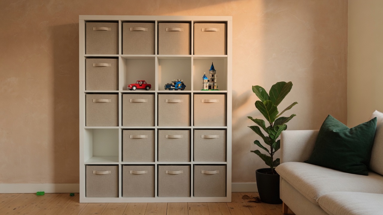 A cube shelf of storage bins with a few brick builds left out.