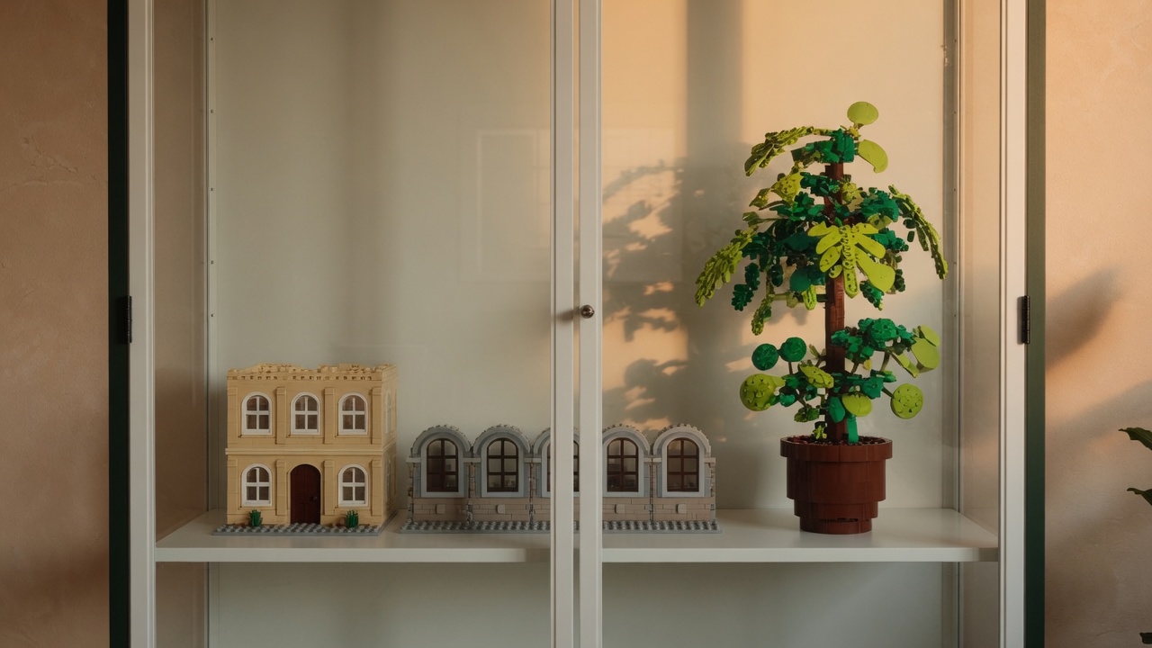 Brick builds behind glass in a white cabinet.