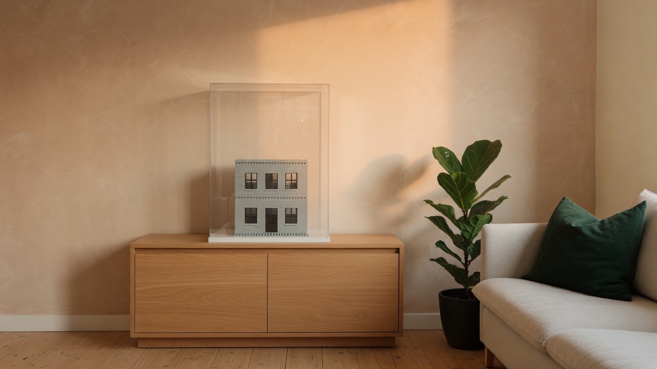 One brick building inside a clear case on a sideboard.